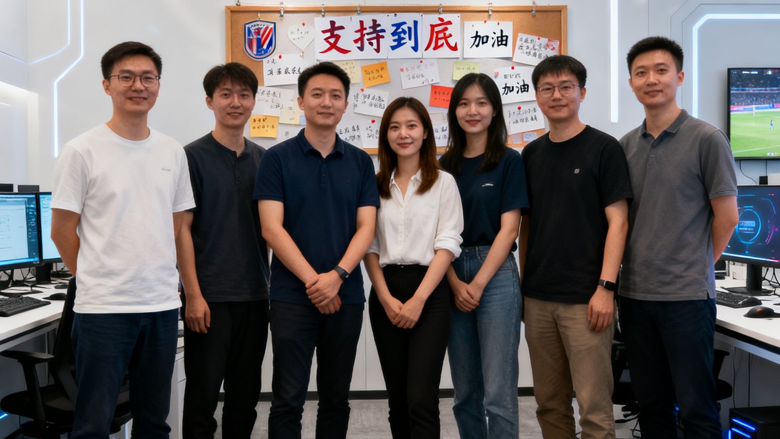 看个球核心团队合影，背景为科技感办公室，墙上挂着球迷留言板